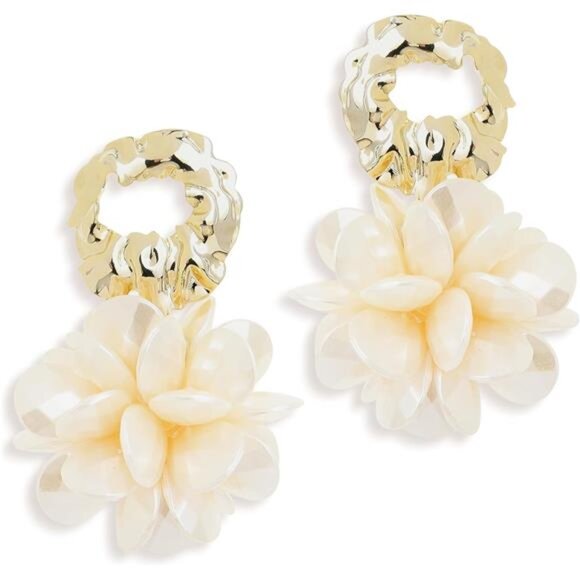 Big Gold Flower Dangle Earrings | 14K Gold Plated Geometric Petal Cluster Drops - Picture 2 of 6